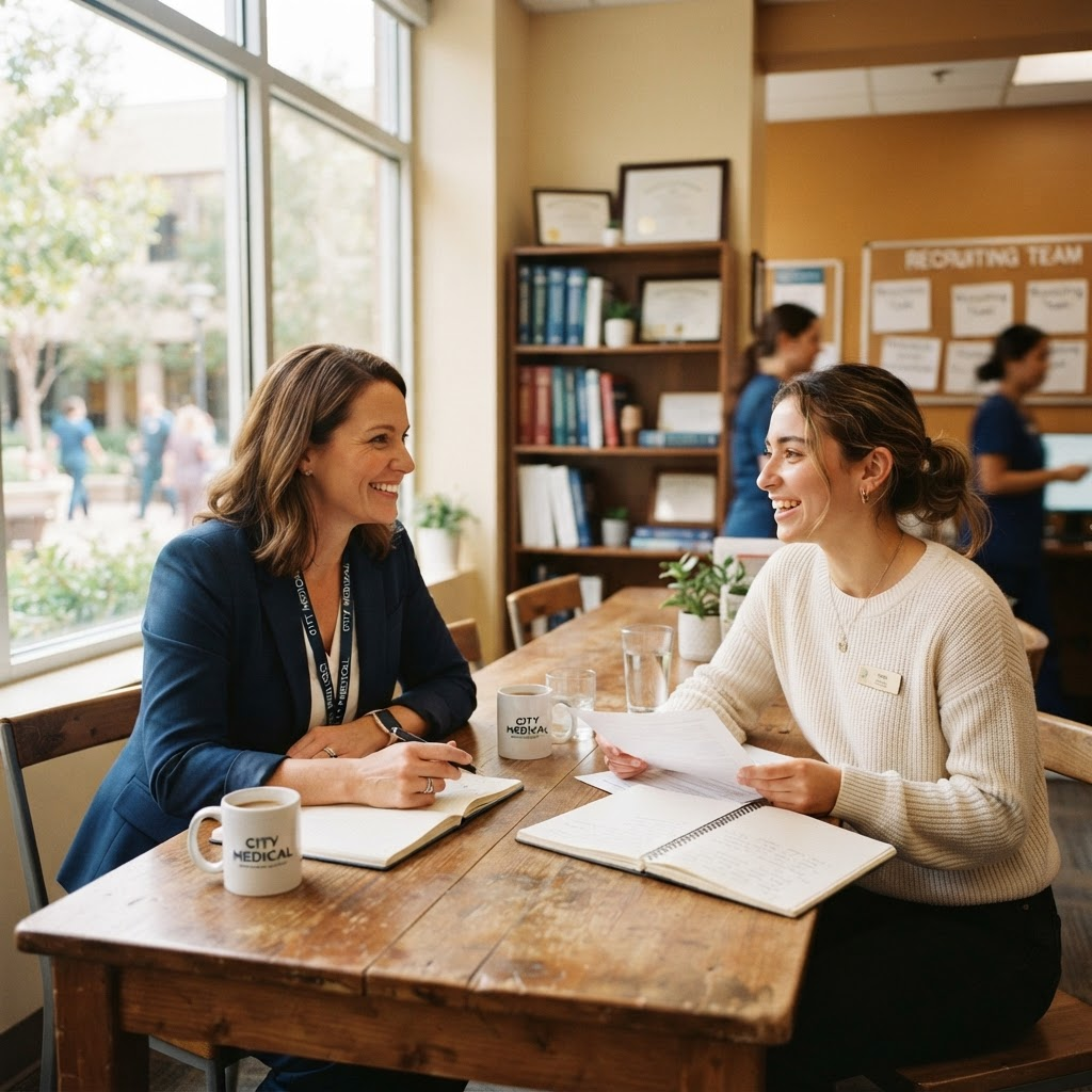 Healthcare hiring professionals discussing an open role